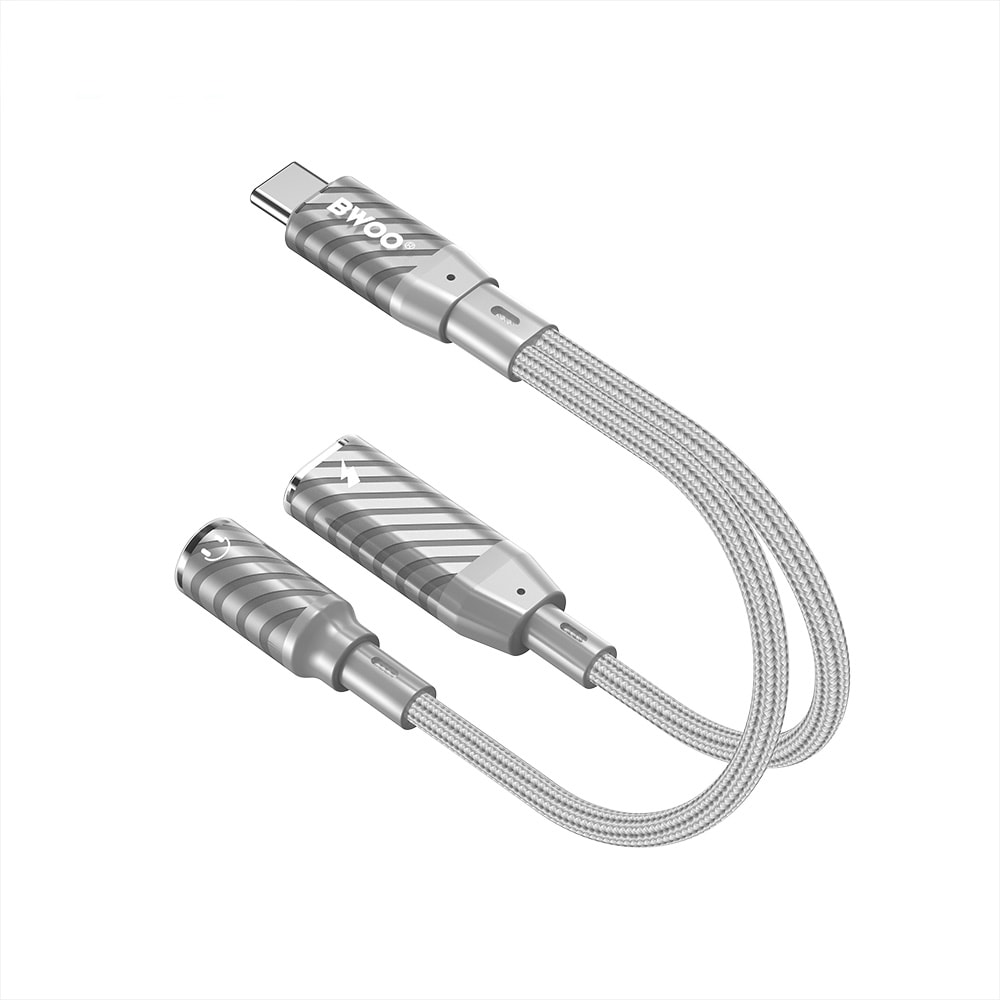 BWOO USB-sovitin USB-C:stä USB-C:hen ja 3,5 mm:n liitäntään latausta ja äänentoistoa varten