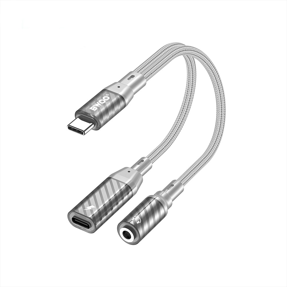 BWOO USB-sovitin USB-C:stä USB-C:hen ja 3,5 mm:n liitäntään latausta ja äänentoistoa varten