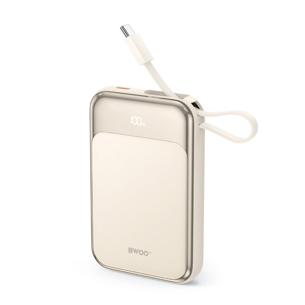 BWOO 10000mAh Powerbank PD 20W sisäänrakennetulla USB-C-kaapelilla - kultainen