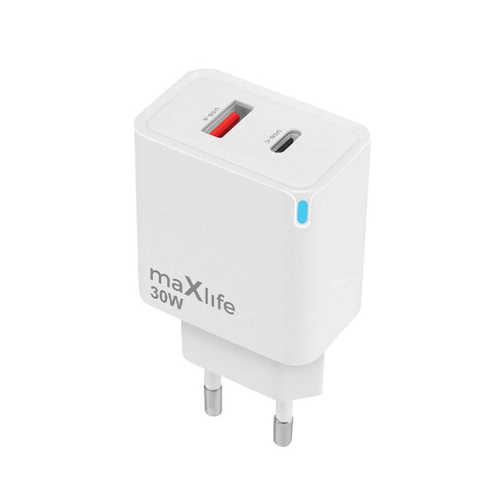 Maxlife GaN-laturi PD QC:llä 1xUSB-C 1xUSB 30W - Valkoinen