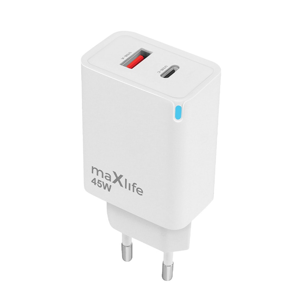 Maxlife GaN-laturi PD QC:llä 1xUSB-C 1xUSB 45W - Valkoinen