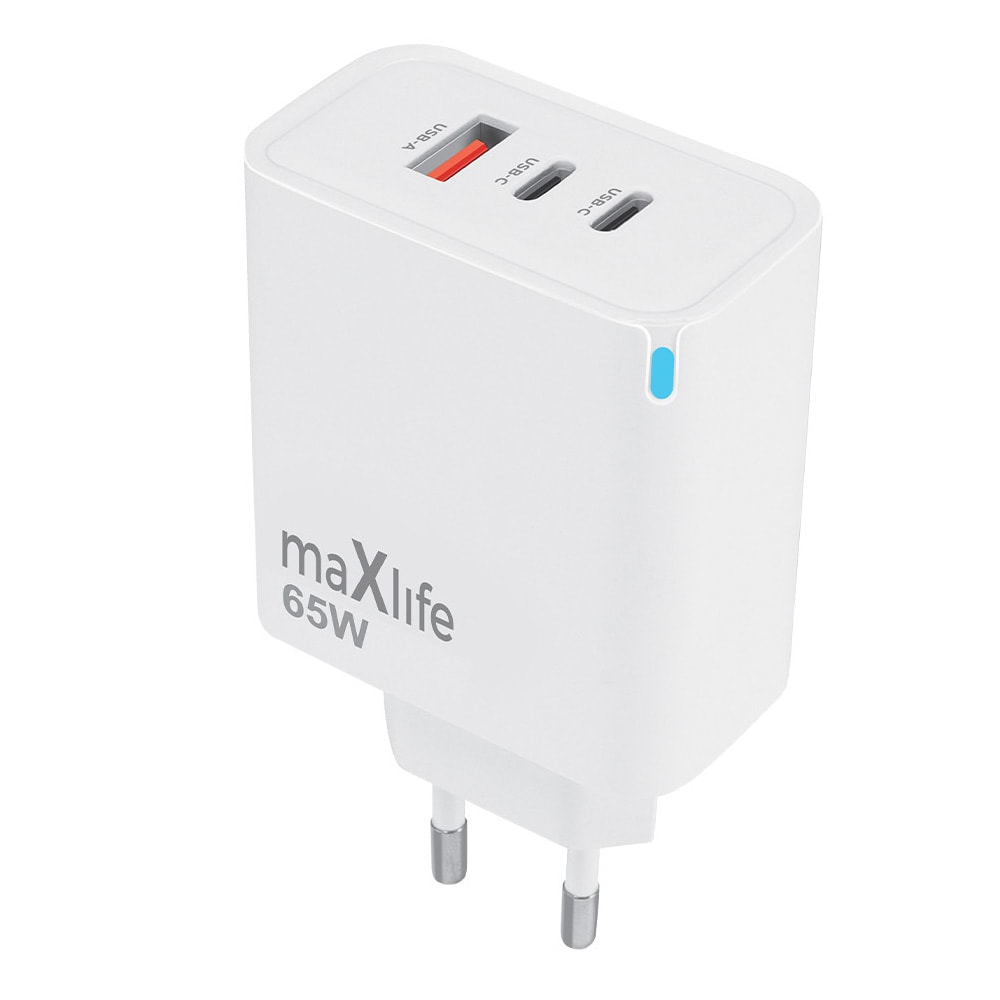 Maxlife GaN-laturi PD QC:llä 2xUSB-C 1xUSB 65W - Valkoinen