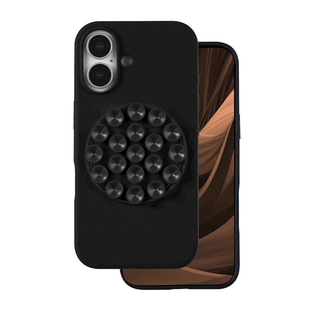 Iskunkestävä iPhone 16 Max -takakuori imukupilla / Silicone Stick -suojakuori – Musta