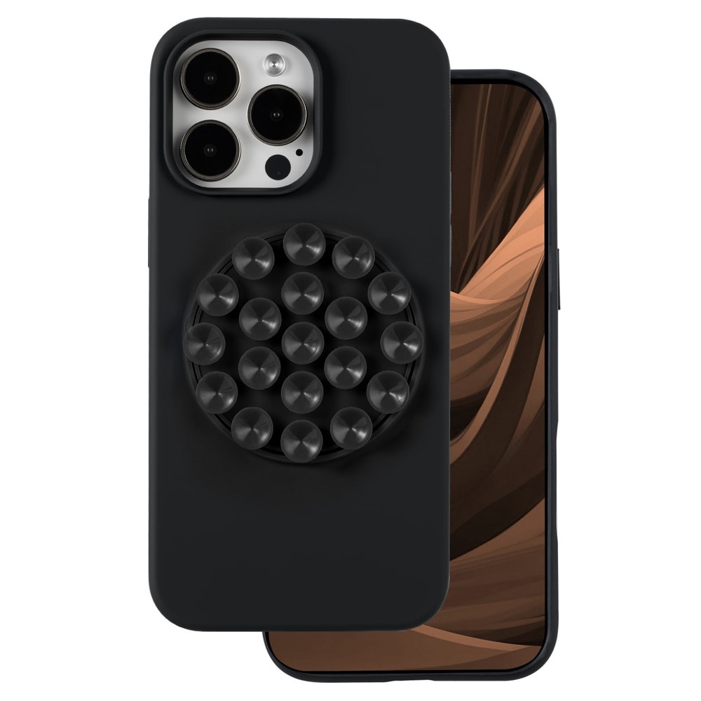 Iskunkestävä iPhone 16 Pro -takakuori imukupilla / Silicone Stick -suojakuori – Musta