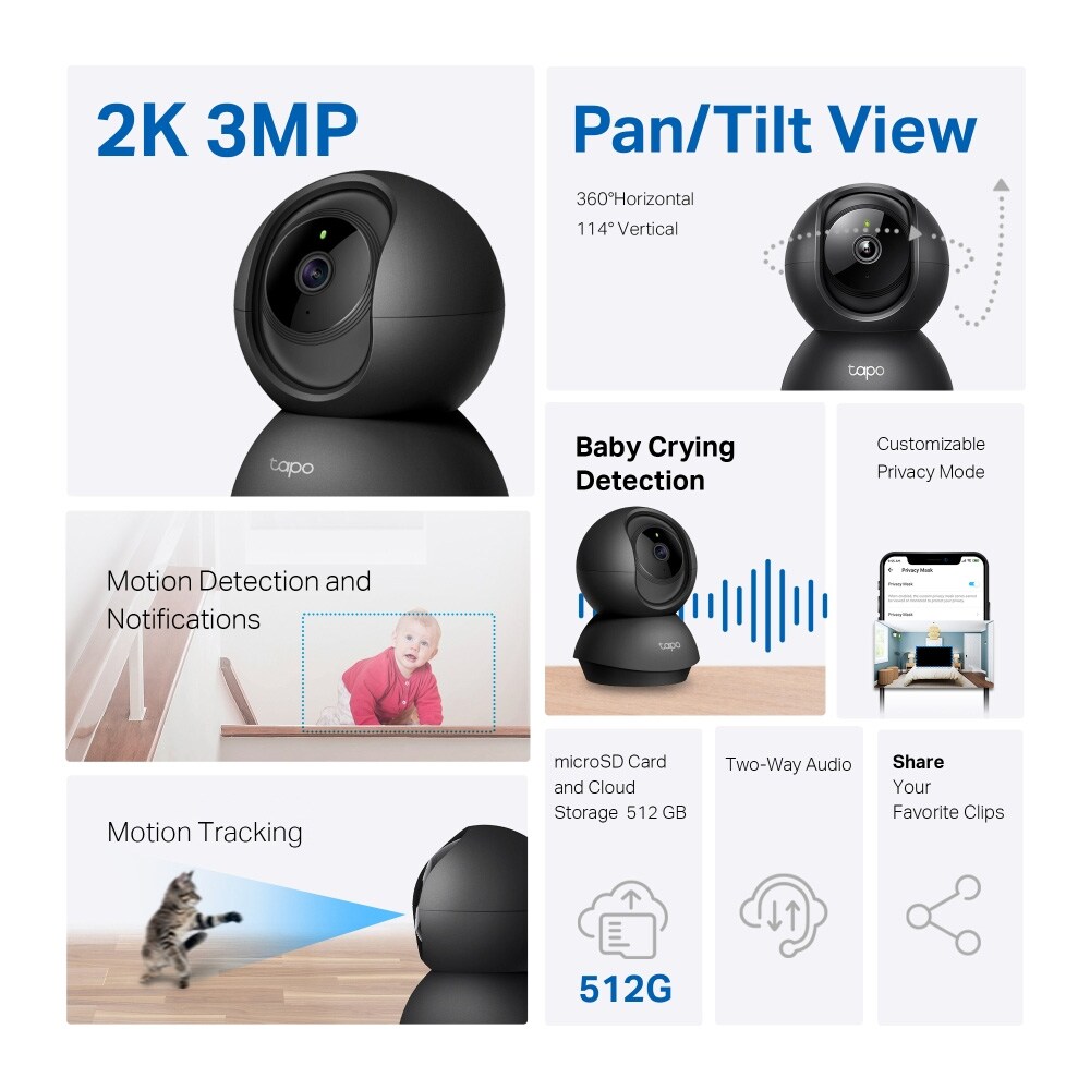 TP-Link Tapo C211 valvontakamera 2K 3MP, jossa on panorointi/kallistus ja yökuvaus