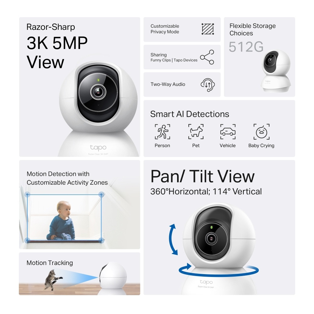 TP-Link Tapo C230 valvontakamera / 3K 5MP WiFi-kamera / Pan/Tilt-kamera / kamera AI-tunnistuksella