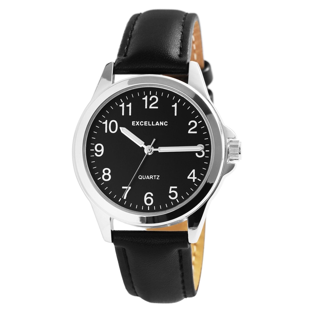 Excellanc miesten rannekello 38 mm – musta/hopea, tekonahkaranneke