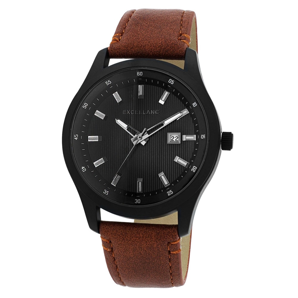 Excellanc miesten rannekello 44 mm – musta ruskealla tekonahkarannekkeella