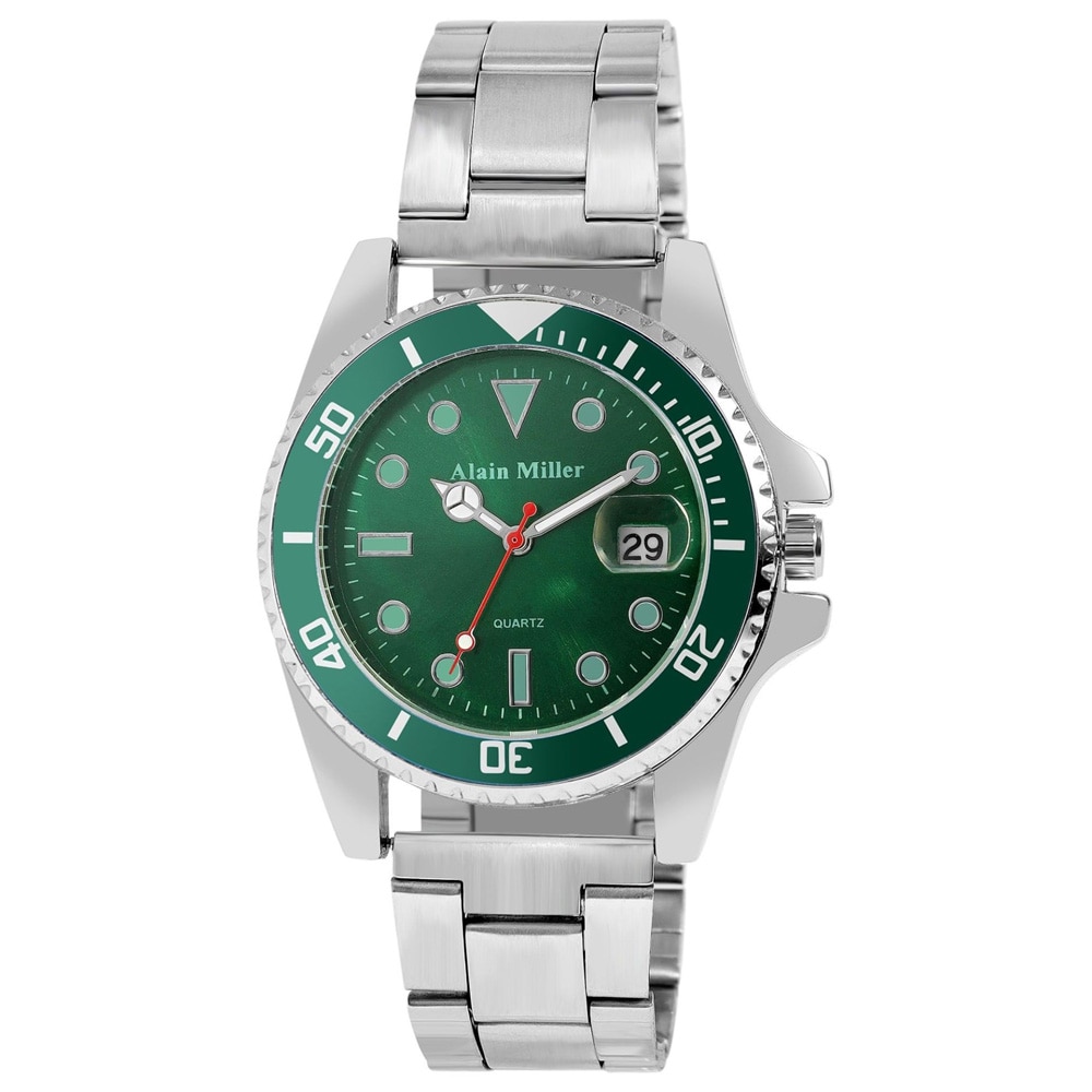 Alain Miller miesten rannekello 39 mm – vihreä kellotaulu ja teräsranneke, hopea/vihreä