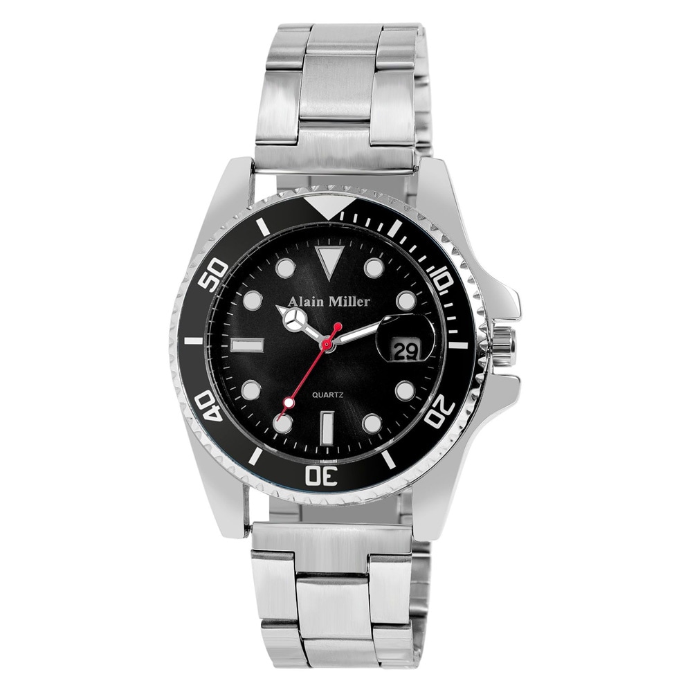 Alain Miller miesten rannekello 39 mm – musta kellotaulu ja teräsranneke, hopea/musta