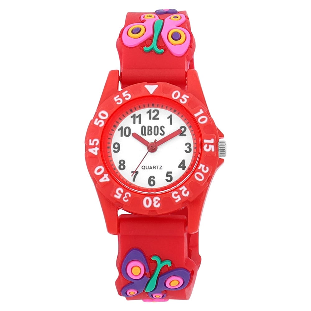 QBOS lastenkello silikonirannekkeella / Punainen rannekello perhoskuviolla