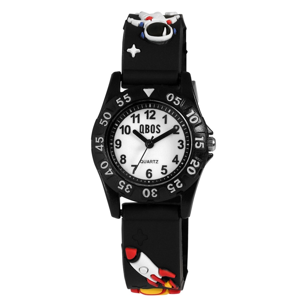 QBOS lasten rannekello silikonihihnalla / Musta rannekello avaruuskuviolla