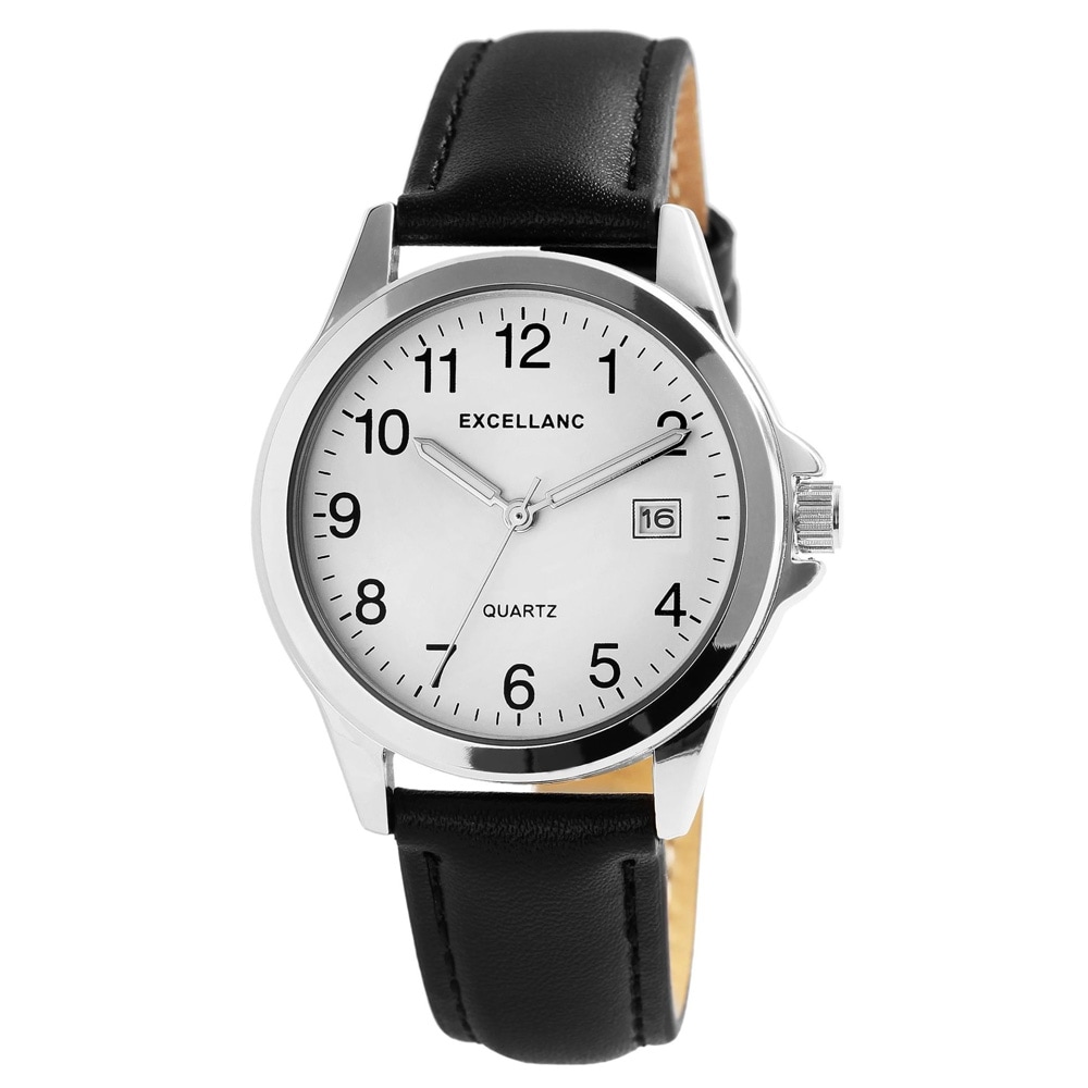 Excellanc miesten rannekello keinonahkahihnalla / musta–hopea