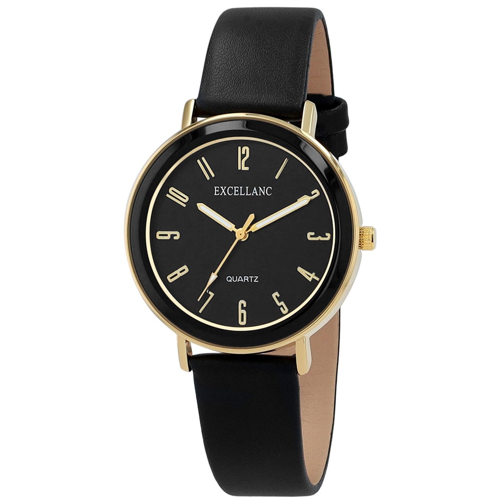 Excellanc naisten rannekello keinonahkarannekkeella / kello – musta/kullanvärinen