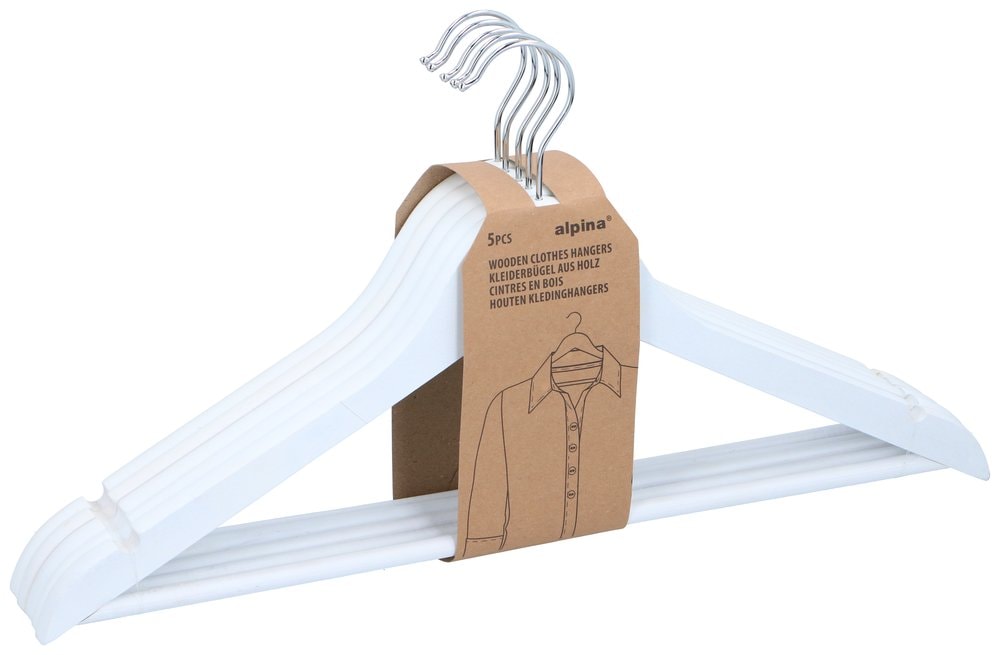 Alpina puiset henkarit 5-pack / puiset vaatehenkarit / henkarit vaatekaappiin - Valkoinen