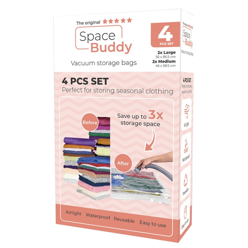 Space Buddy Tyhjiö pussit 2xM 2xL / tyhjiö varastointi pussit vaatteille / puristus pussit pölynimurin kanssa