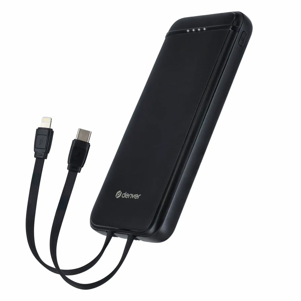 Denver Powerbank 10000mAh, jossa on sisäänrakennettu USB-C ja valaistuskaapeli