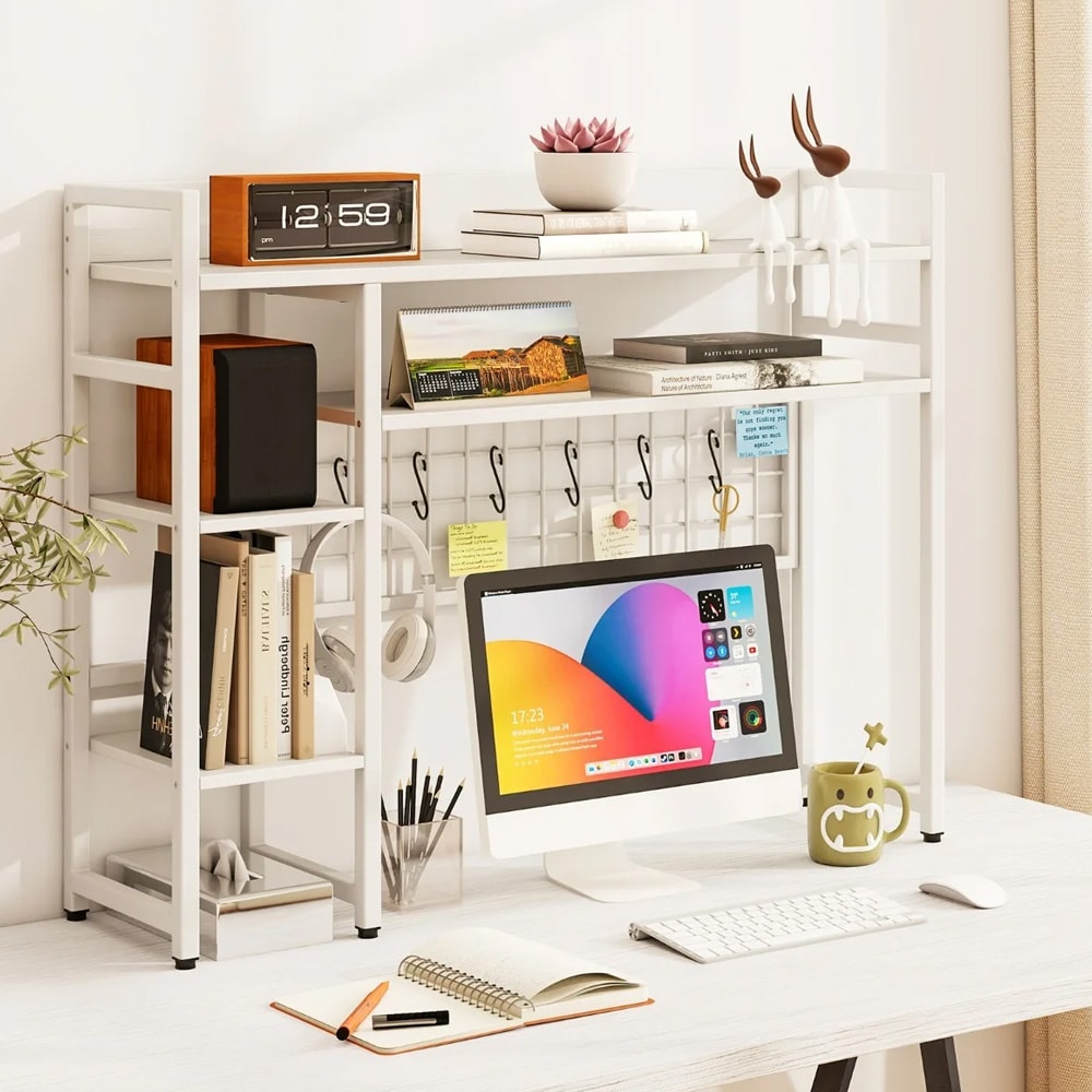 Valkoinen työpöytähylly – monitoriteline, pöytäorganisoija ja säilytyshylly koukuilla