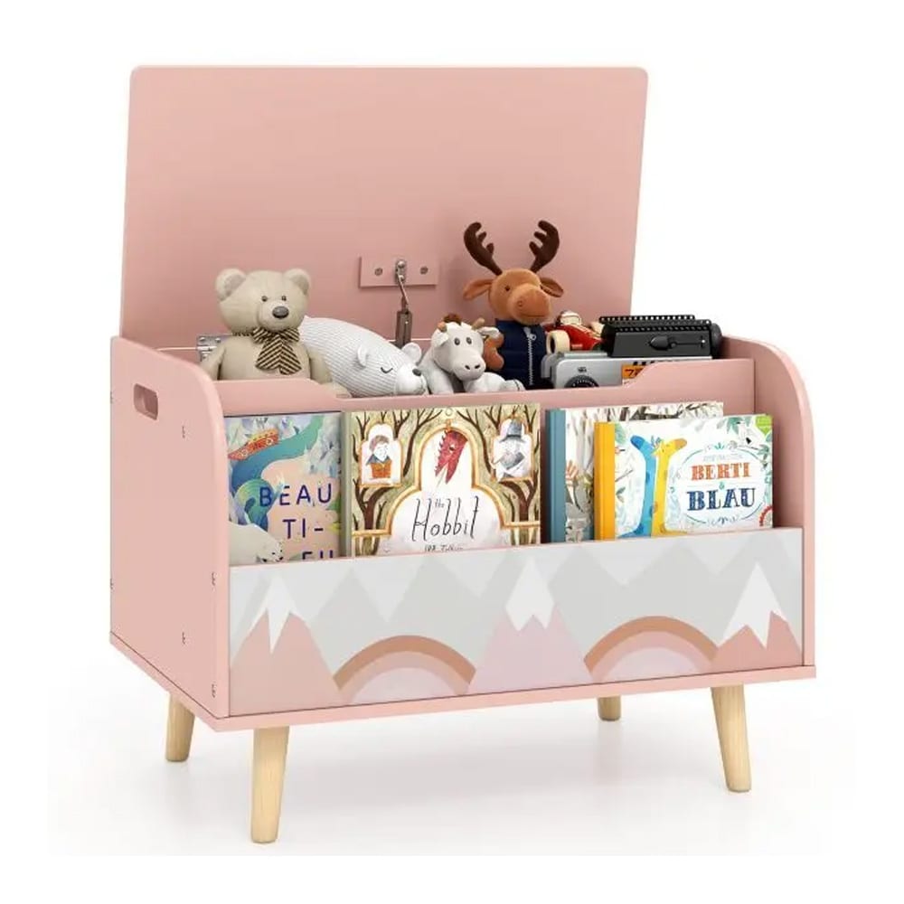 Lelulaatikko kirjahyllyllä / puinen lelusäilytyslaatikko kannella / vaaleanpunaiset lastenhuonekalut