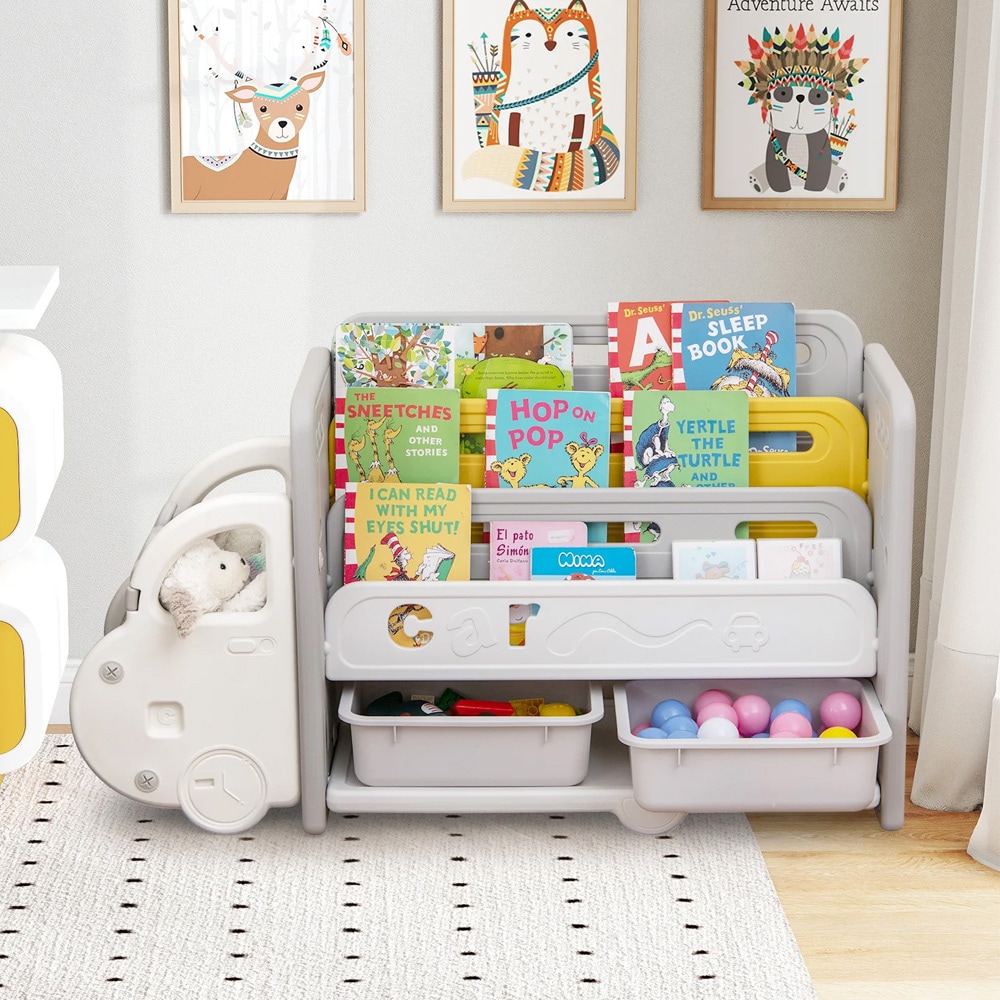 Lelusäilytys kirjahyllyllä – lastenkirjahylly / autonmuotoinen lastenkaluste