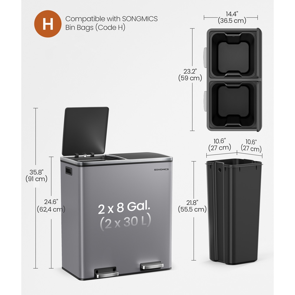 Jätteidenlajitteluun poljinroskakori 2 x 30 L – Soft Close, kaksoislokerot, 60 L teräsroskakori