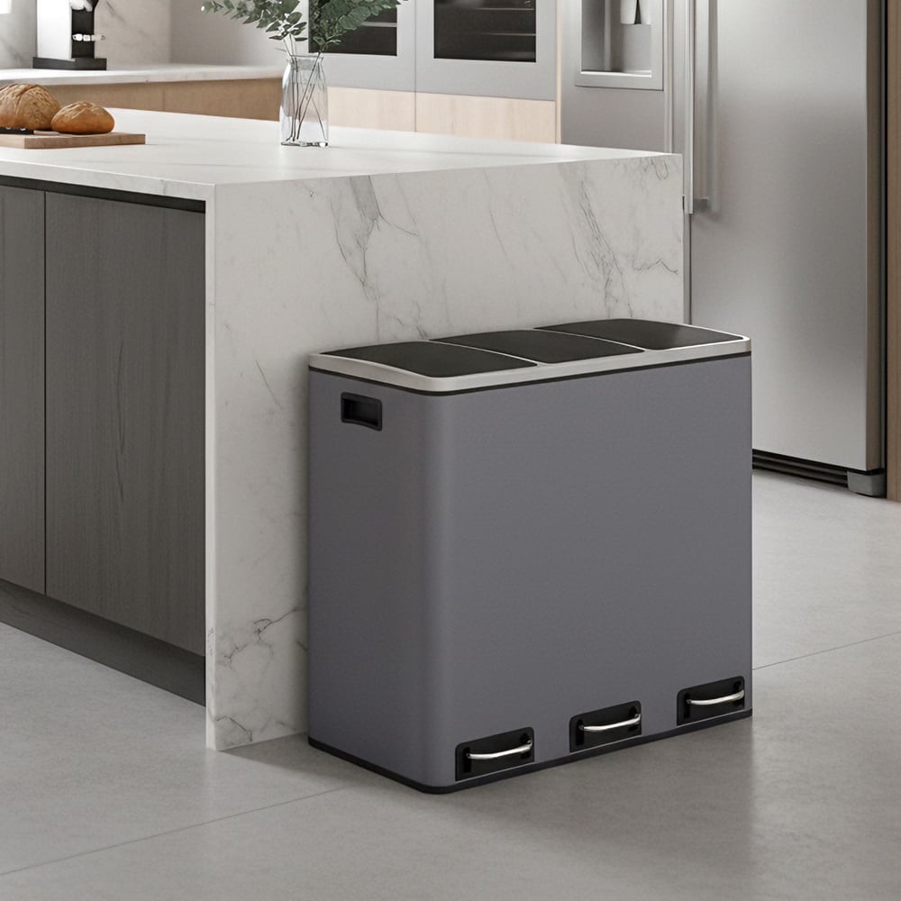 Poljettava roskakori 3x18 L harmaa / kolmilokeroinen roskakori / keittiön roskakori, jossa on pehmeä sulkeutuminen ja poljin