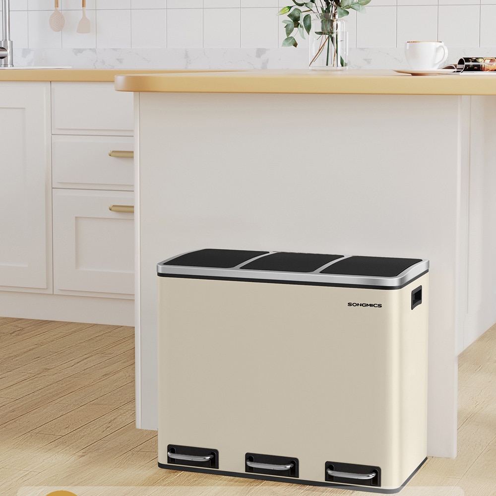 Poljinkäyttöinen roskakori 3x18 L beige / kolmilokeroinen roskakori / keittiön roskakori, jossa on pehmeä sulkeutuminen ja poljin