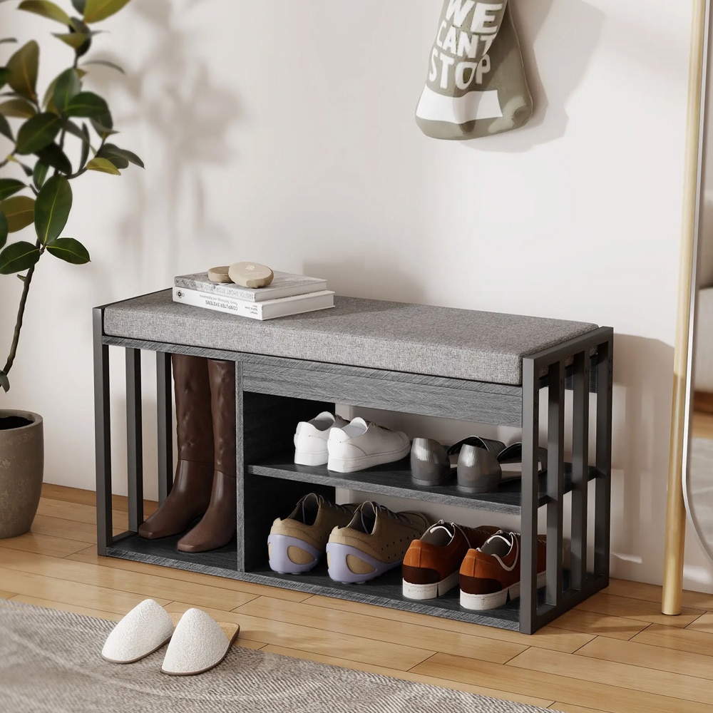 Kenkäpenkki istuimella harmaa / kenkähylly pehmustetulla istuimella / eteisen penkki, jossa 3 tasoa kengille