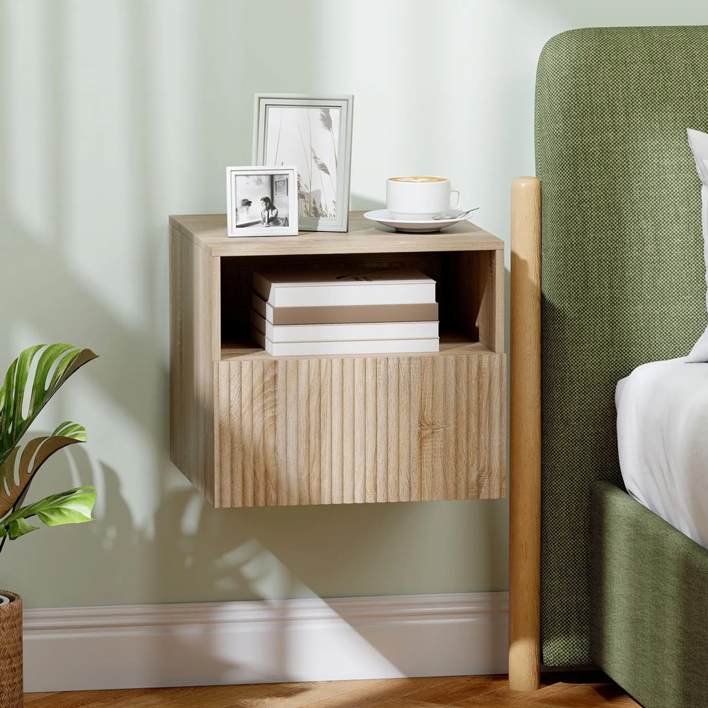 Seinäkiinnitteinen yöpöytä laatikolla / kelluva yöpöytä säilytystilalla / yöpöytä, jossa on hylly ja laatikko