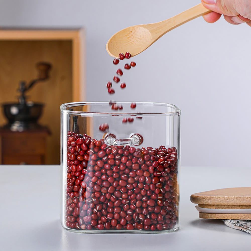 Bambu säilytyspurkki kannella ja lusikalla 750 ml / lasipurkki kannella / keittiöpurkki / lasinen säilytyspurkki