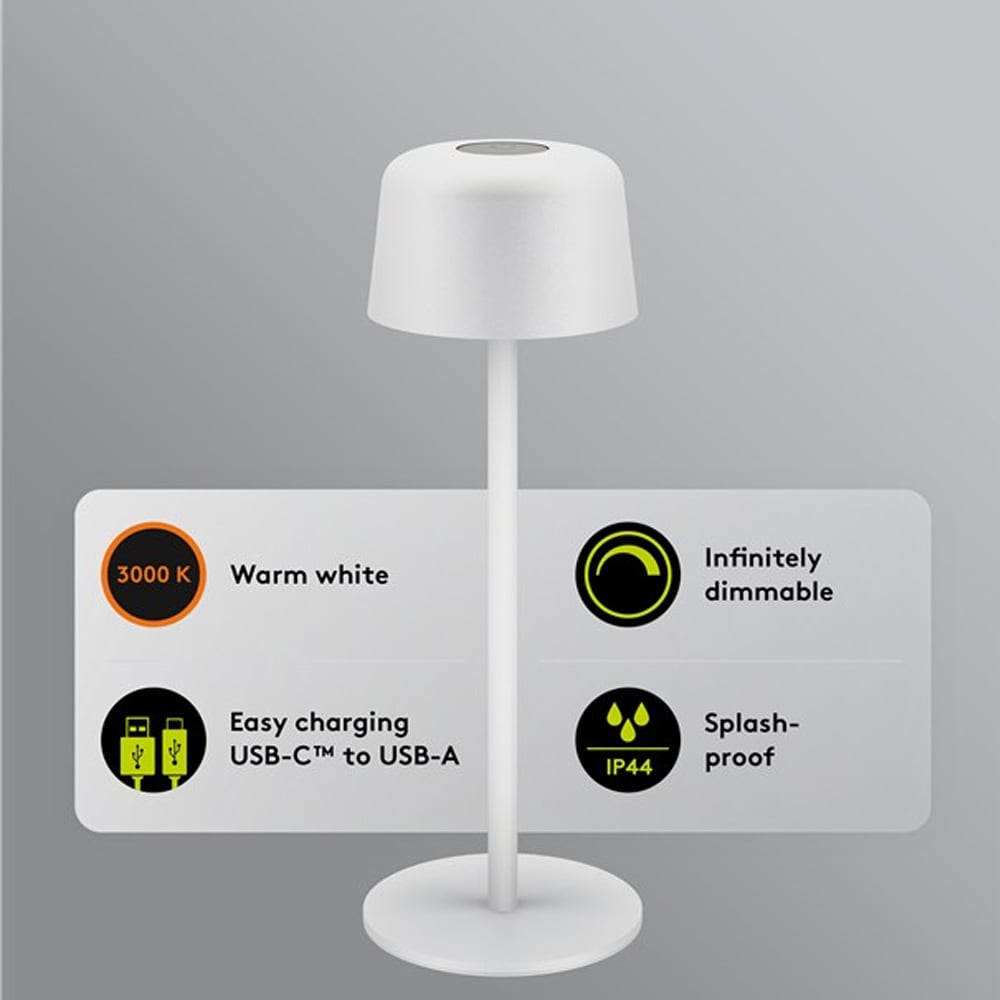 Langaton LED-pöytävalaisin 25 cm / kosketusohjaus / himmennettävä / 150 lm / 3000 K / ladattava / IP44 - Valkoinen - Valkoinen