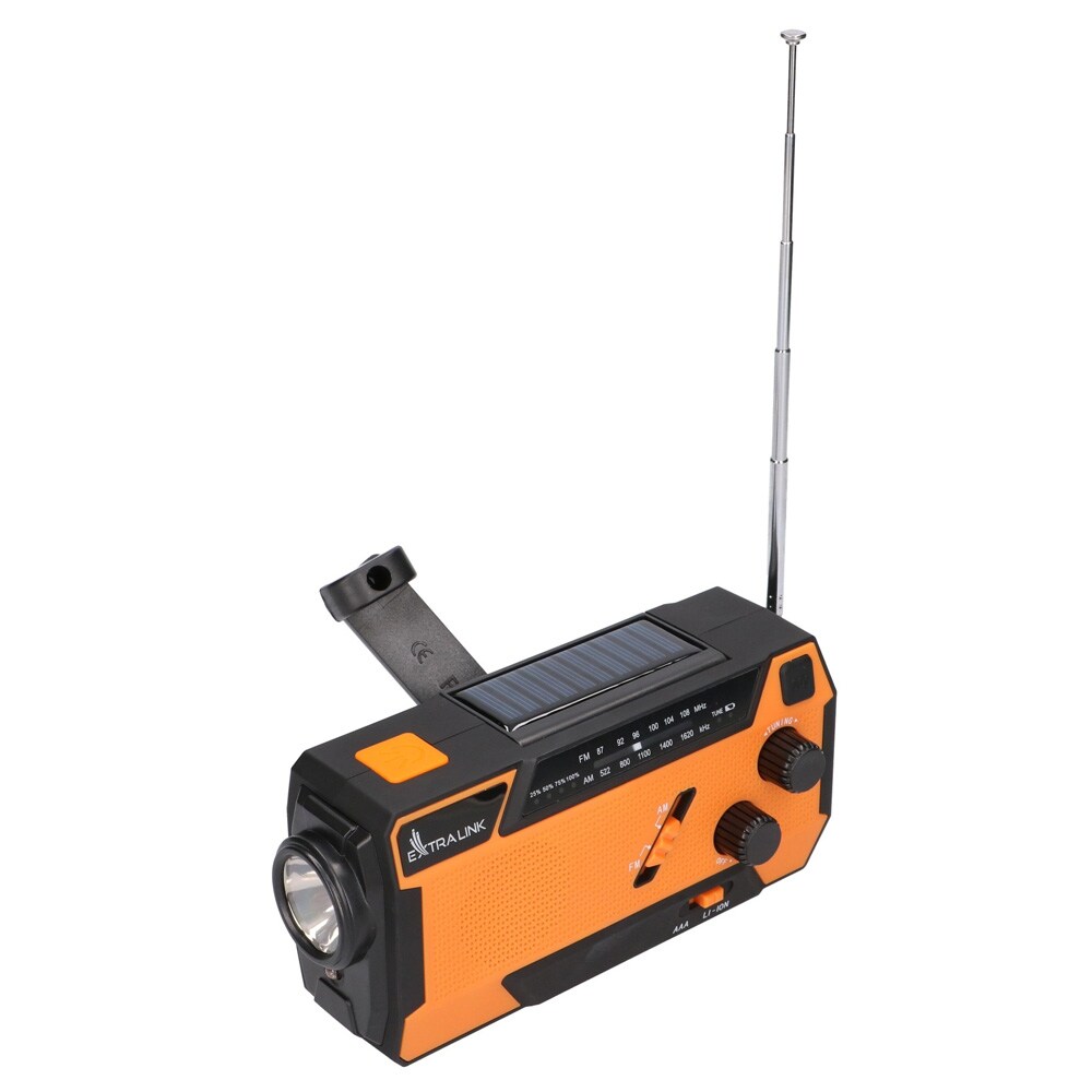 Hätäradio 4000 mAh / aurinkoradio käsiveivillä / varavirtalähde, taskulamppu ja SOS-hälytys