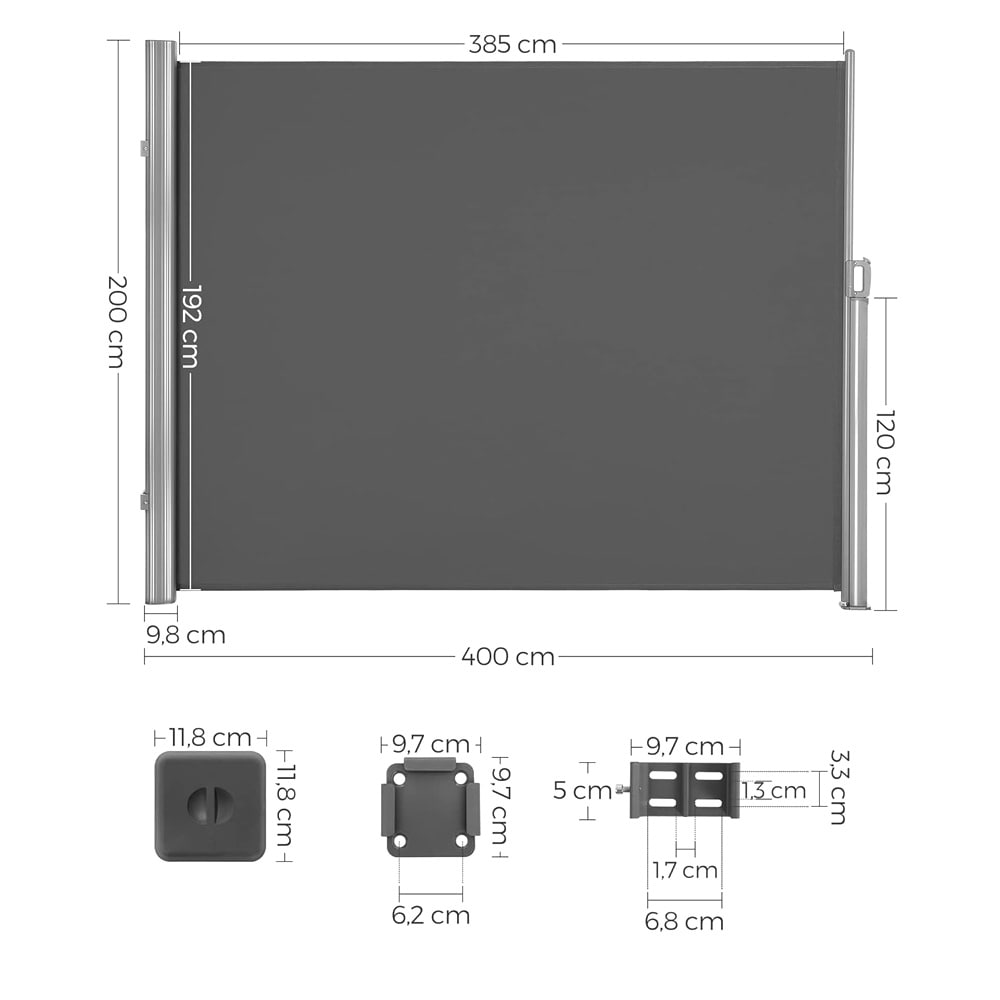 Sisäänvedettävä sivumarkiisi 200×400 cm / näkösuoja terassille ja parvekkeelle – Harmaa