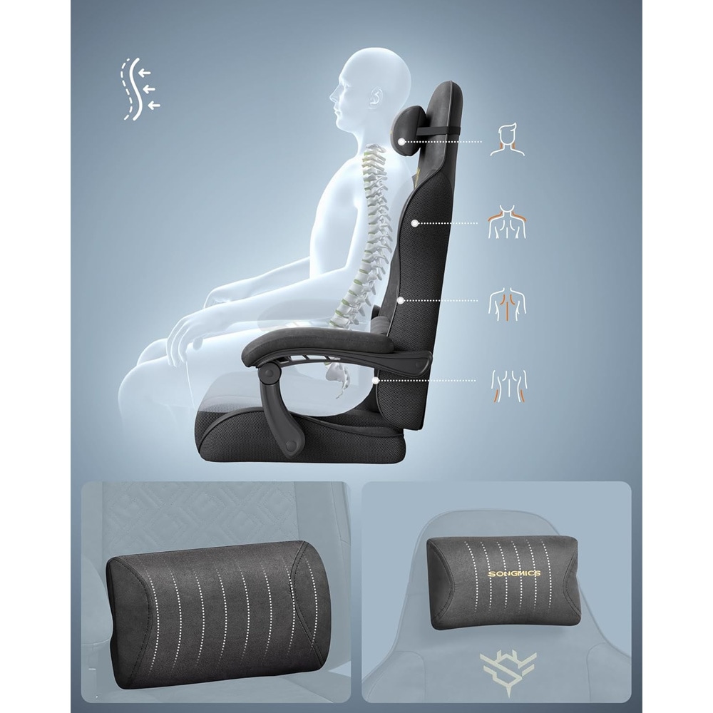 Ergonominen pelituoli 70×70×123,5–133 cm / gaming-tuoli jalkatuella ja jousitetulla istuimella - Musta