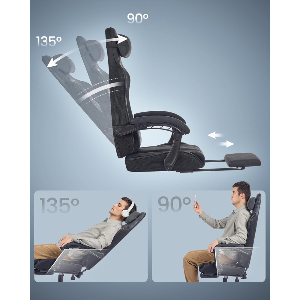 Ergonominen pelituoli 70×70×123,5–133 cm / gaming-tuoli jalkatuella ja jousitetulla istuimella - Musta