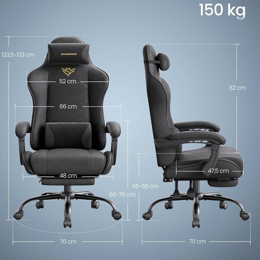 Ergonominen pelituoli 70×70×123,5–133 cm / gaming-tuoli jalkatuella ja jousitetulla istuimella - Musta