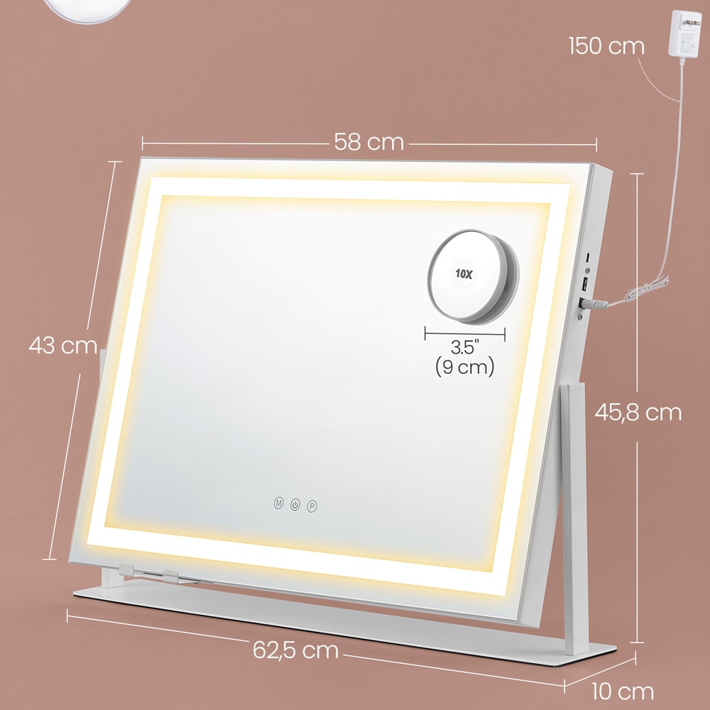 Meikkipeili LED-valoilla 58×43 cm / pöytäpeili USB-porteilla ja puhelinpidikkeellä – Valkoinen