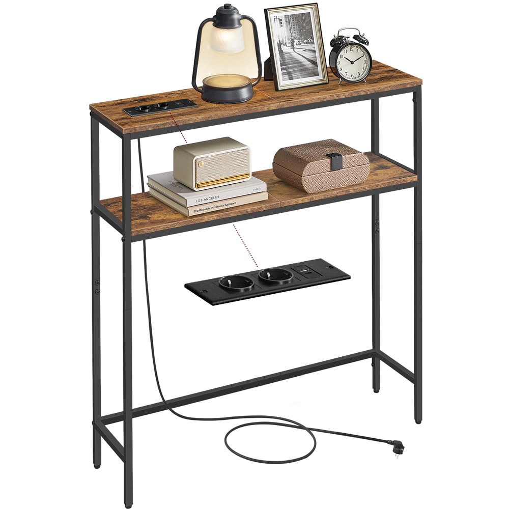 Konsolipöytä 20×80×80 cm / kapea sivupöytä pistorasioilla, USB-porteilla ja kahdella hyllyllä