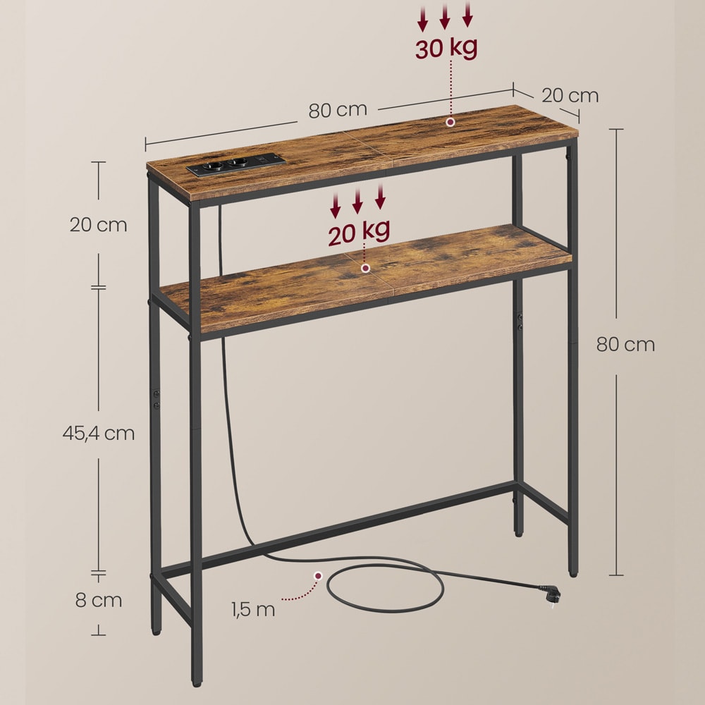 Konsolipöytä 20×80×80 cm / kapea sivupöytä pistorasioilla, USB-porteilla ja kahdella hyllyllä
