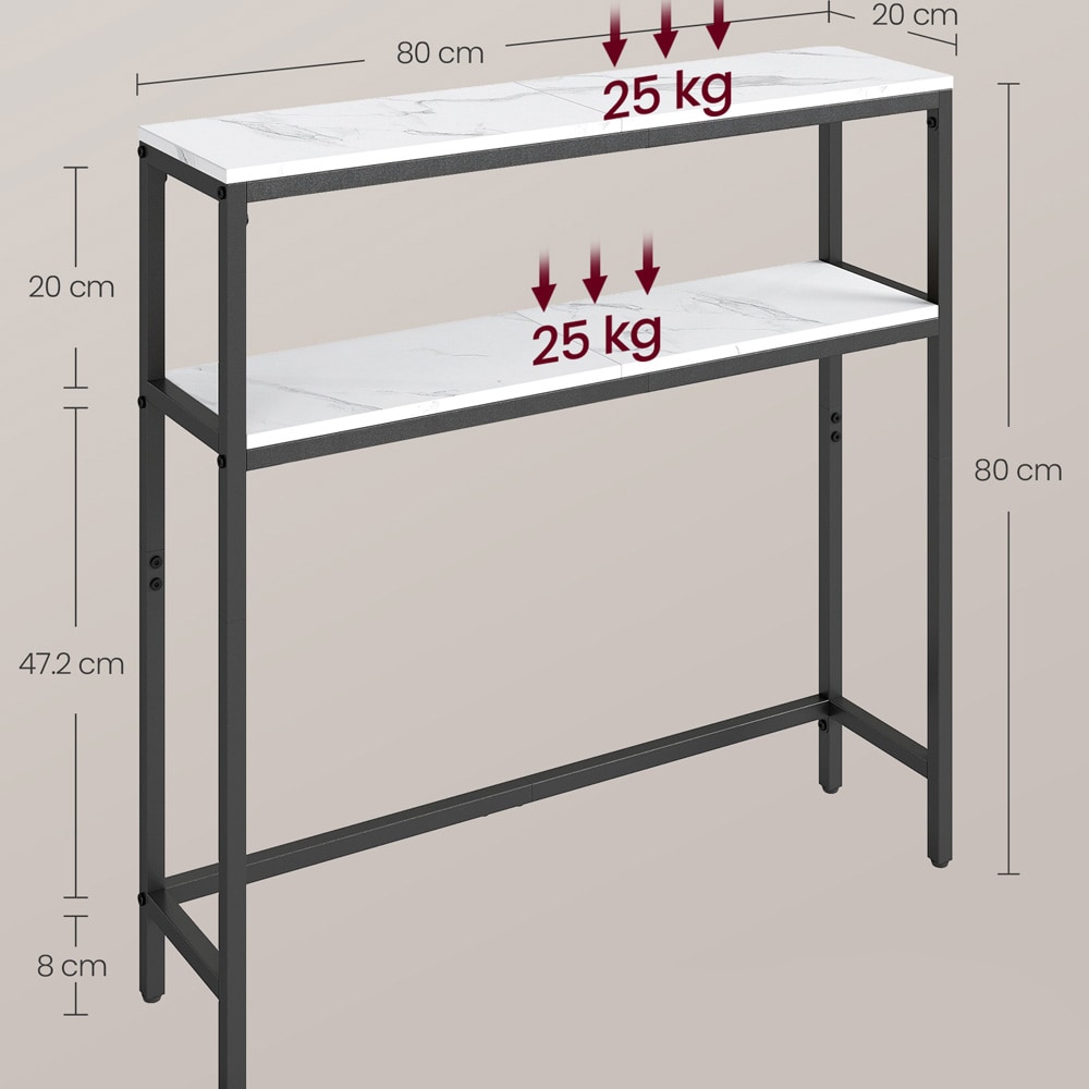 Konsolipöytä 20×80×80 cm / kapea sivupöytä marmorikuvioiduilla hyllyillä ja metallirungolla