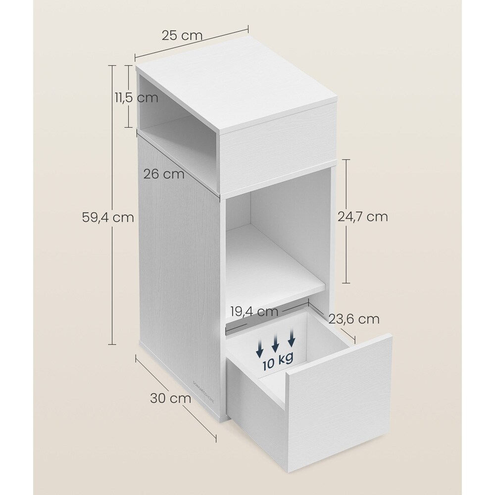 Yöpöytä 30×25×59,4 cm / kapea sivupöytä laatikolla ja avohyllyillä – Valkoinen
