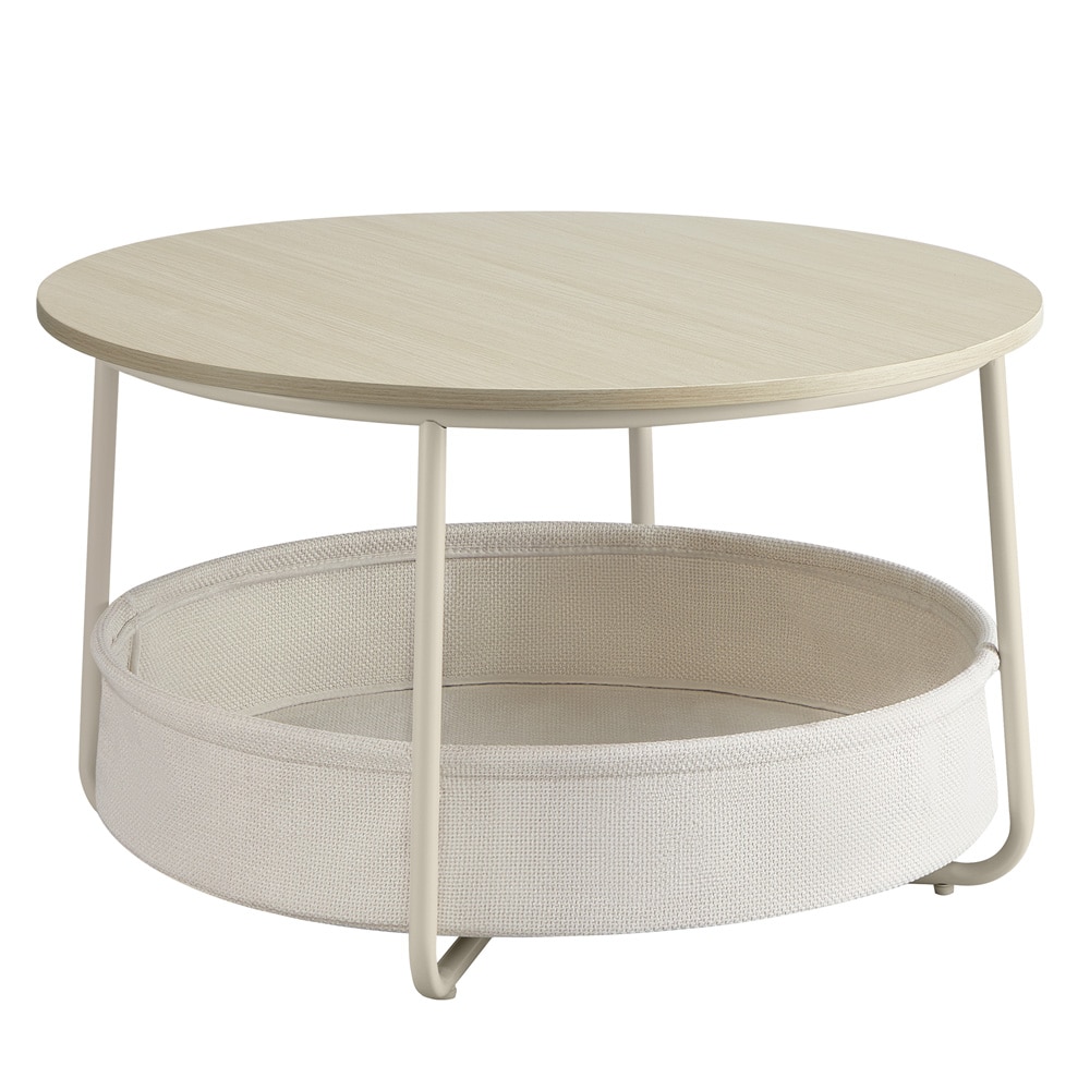 Pyöreä sohvapöytä Ø75×45 cm / olohuoneen pöytä 57,7 l:n säilytyskorilla – Beige/valkoinen