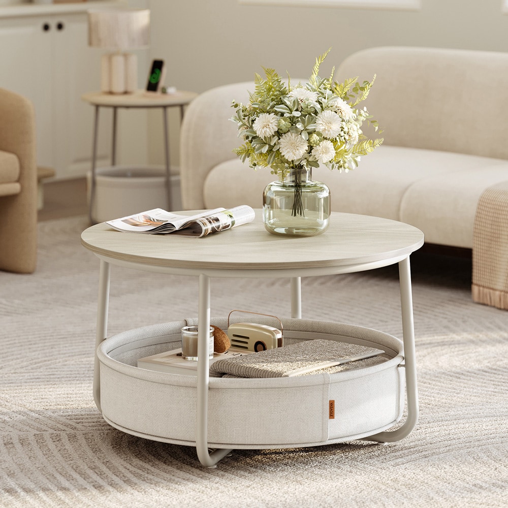 Pyöreä sohvapöytä Ø75×45 cm / olohuoneen pöytä 57,7 l:n säilytyskorilla – Beige/valkoinen