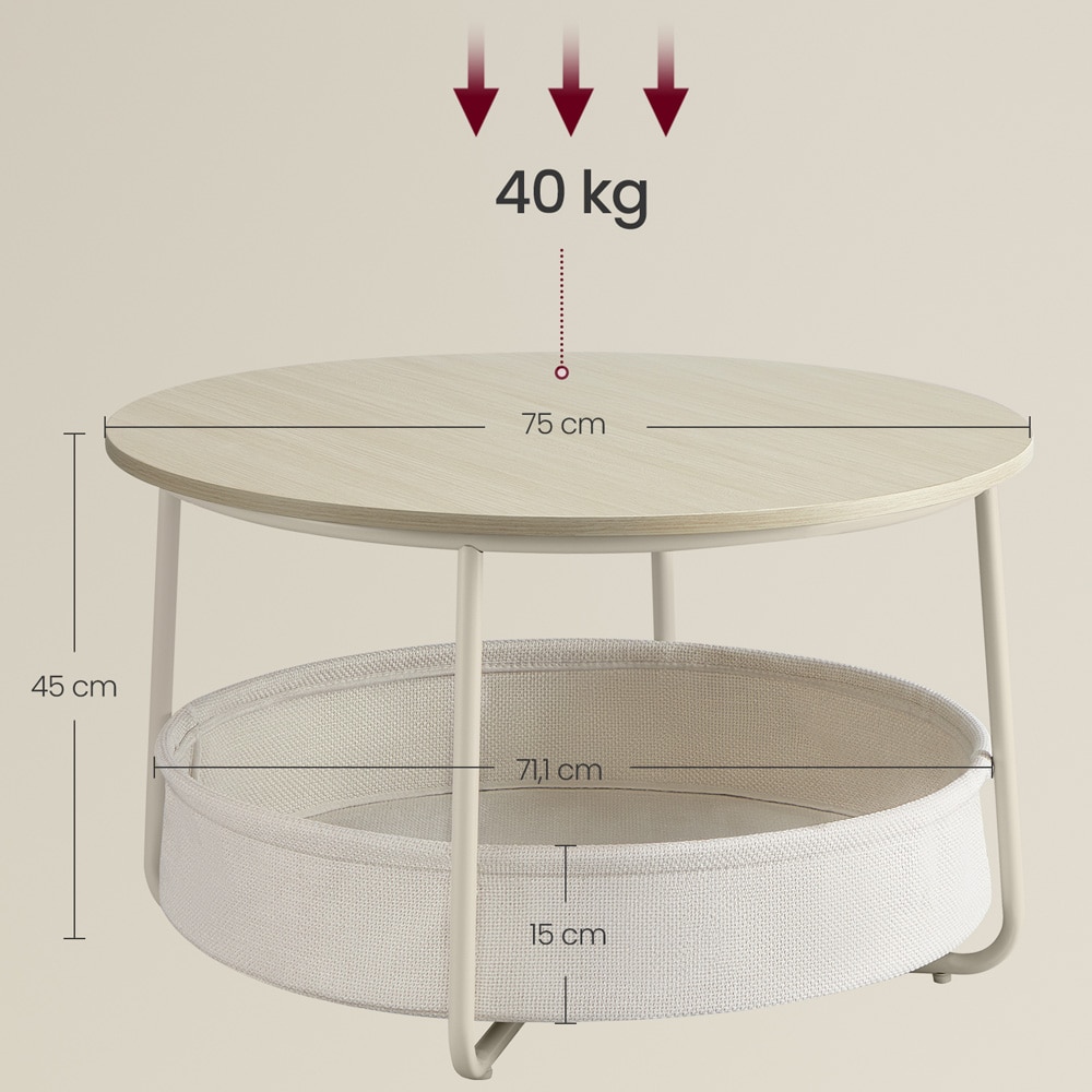 Pyöreä sohvapöytä Ø75×45 cm / olohuoneen pöytä 57,7 l:n säilytyskorilla – Beige/valkoinen