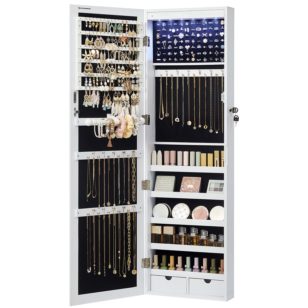 Korukaappi peilillä 120×37×10 cm / lukittava LED-korukaappi seinä- tai ovikiinnityksellä – Valkoinen