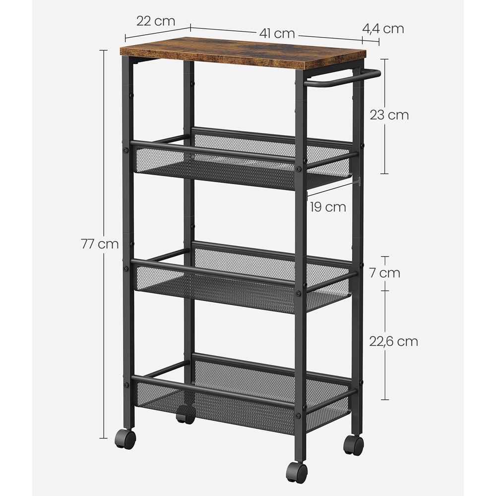 Kapea säilytysvaunu 45,5×22×77 cm / 4-tasoinen pyörällinen hyllyvaunu – Ruskea/musta