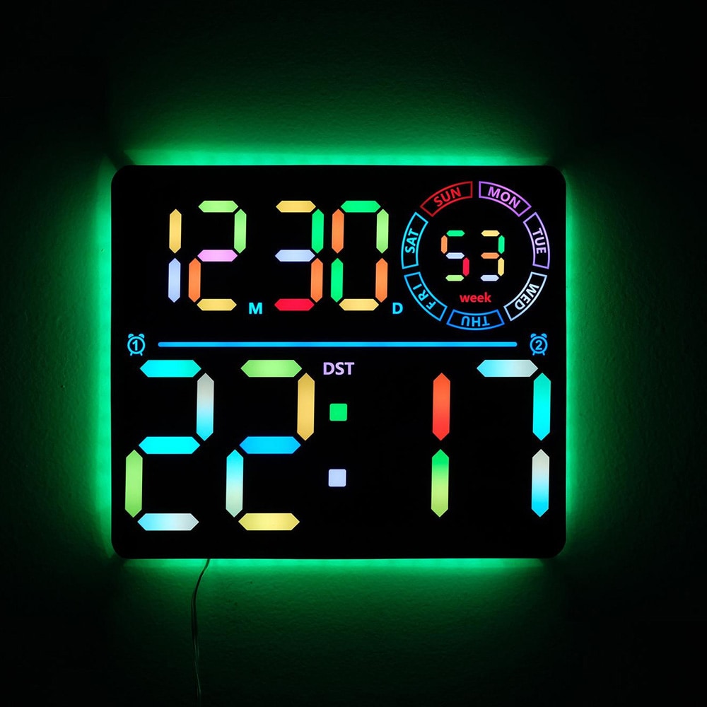 Suuri RGB LED Seinäkello Digitaalinäytöllä – Kaksoishälytys, Ajastin, Lämpötila- ja Päivämääränäyttö