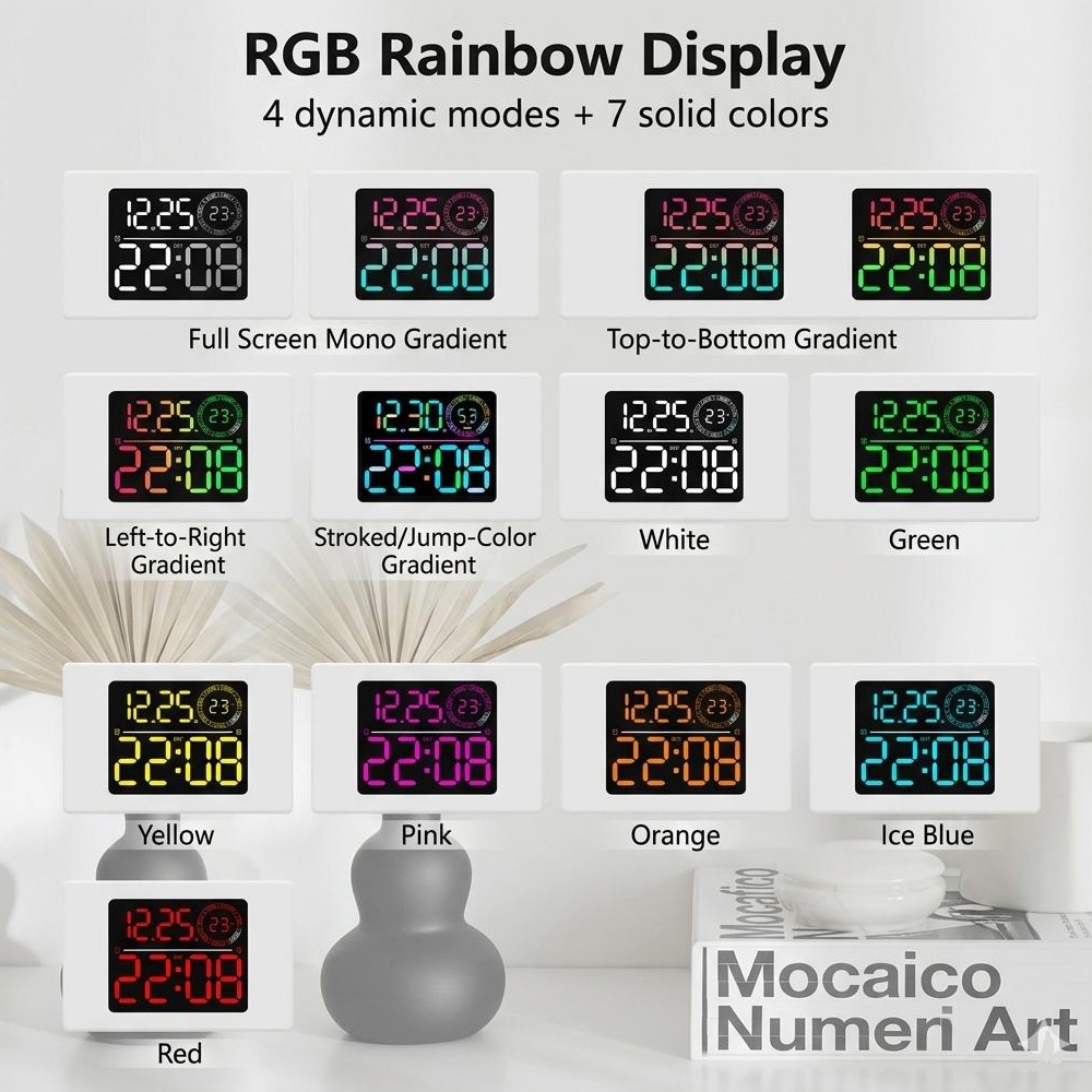 Suuri RGB LED Seinäkello Valkoisella Kehyksellä – Digitaalinen Kello, Kaksoishälytys, Ajastin, Lämpötila- ja Päivämääränäyttö