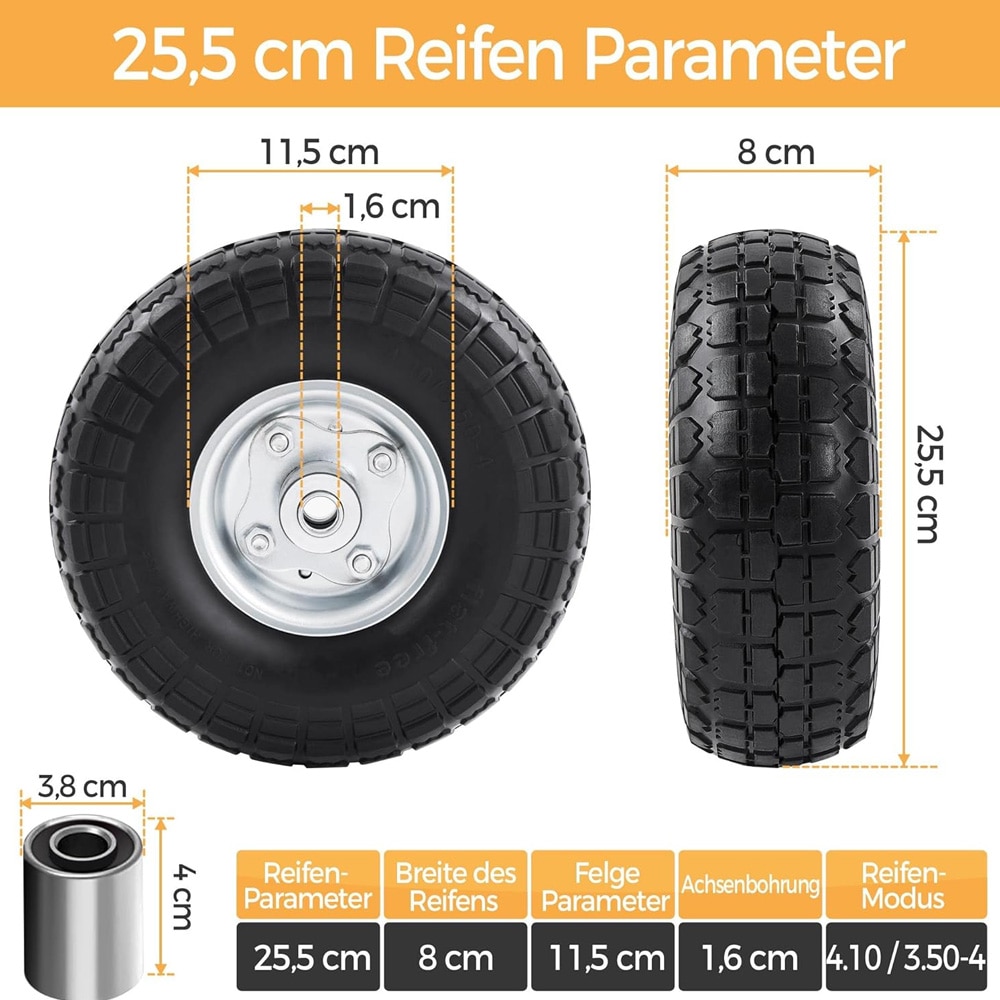 4 kpl Puhkeamattomat Varapyörät Kottikärryyn 255 mm – PU-Pyörät Käsikärryyn, Varastokärryyn ja Puutarhavaunuun