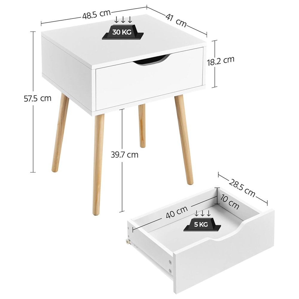 Yaheetech yöpöytä 2 kpl – valkoinen skandinaavinen yöpöytä laatikolla, MDF ja massiivipuu, 48,5 × 41 × 57,5 cm